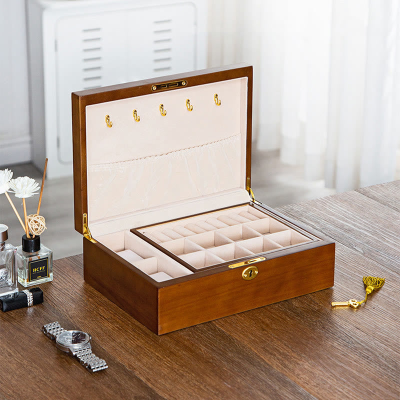 Vintage Wooden Jewelry Box Two-Layer Solid Wood Jewelry Storage Box - Image 10