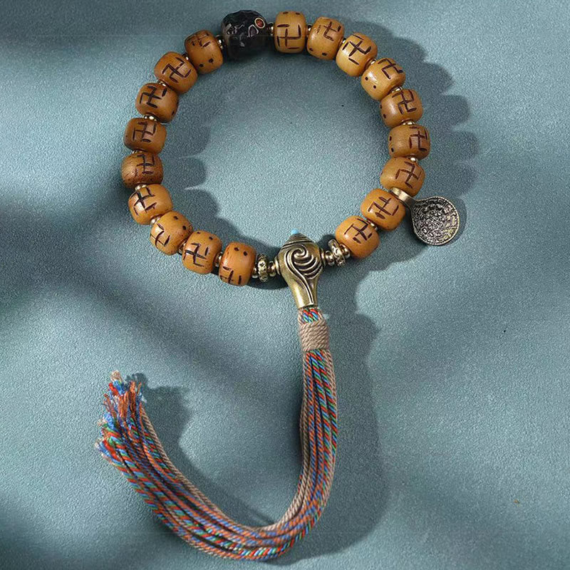 Natural Tibetan Camel Bone Swastika Dzi Bead Shankha Buddha Charm Kirtimukha Luck Protection Tassel Bracelet - Image 6