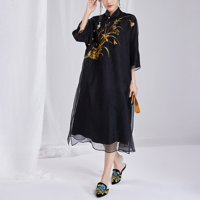 100% Mulberry Silk 6 Momme Dress Vintage Flower Butterfly Embroidery Qipao Dress Women's Cheongsam Dress - Image 18