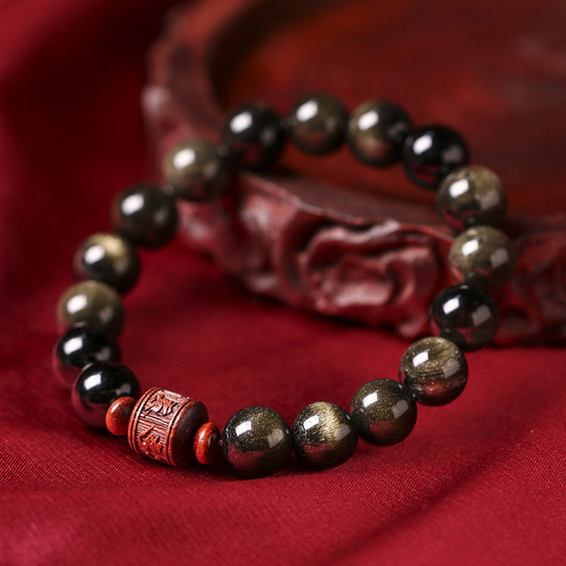 Natural Gold Sheen Obsidian Rainbow Obsidian Om Mani Padme Hum Fu Character Healing Bracelet - Image 8