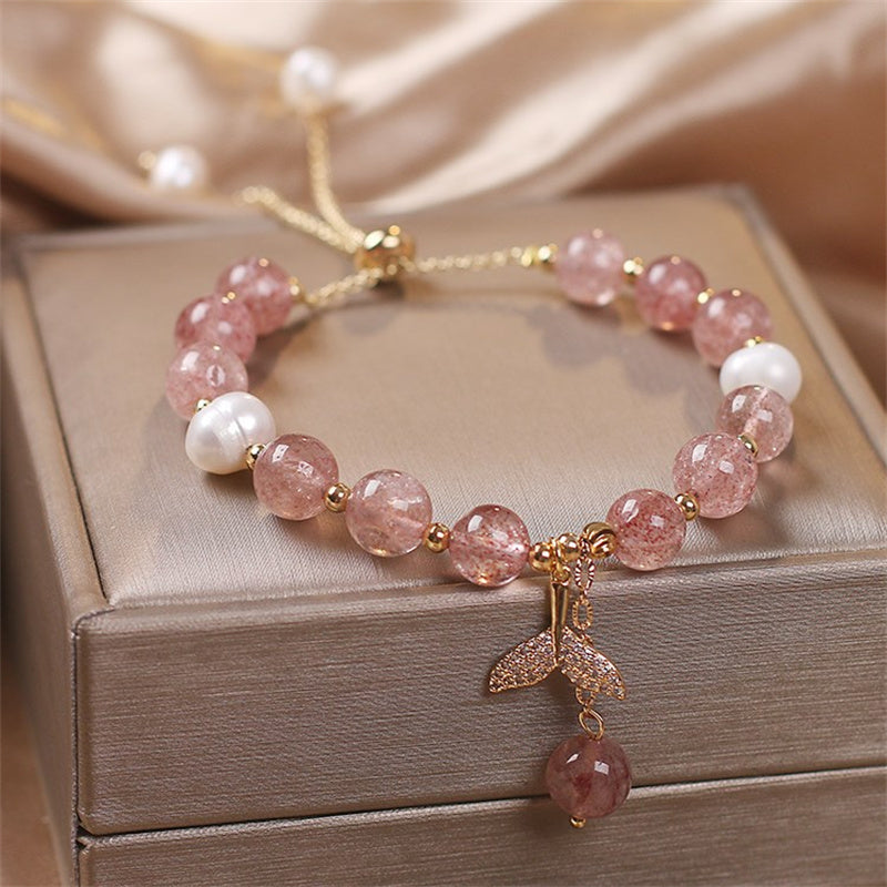 Strawberry Quartz Rutilated Quartz Fishtail Charm Healing Bracelet