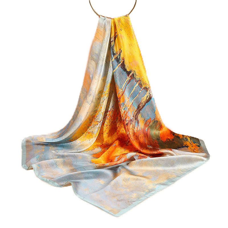 Oil Painting City Snow Scene Castle Lotus 100% Mulberry Silk Neck Hair Scarf - Image 5