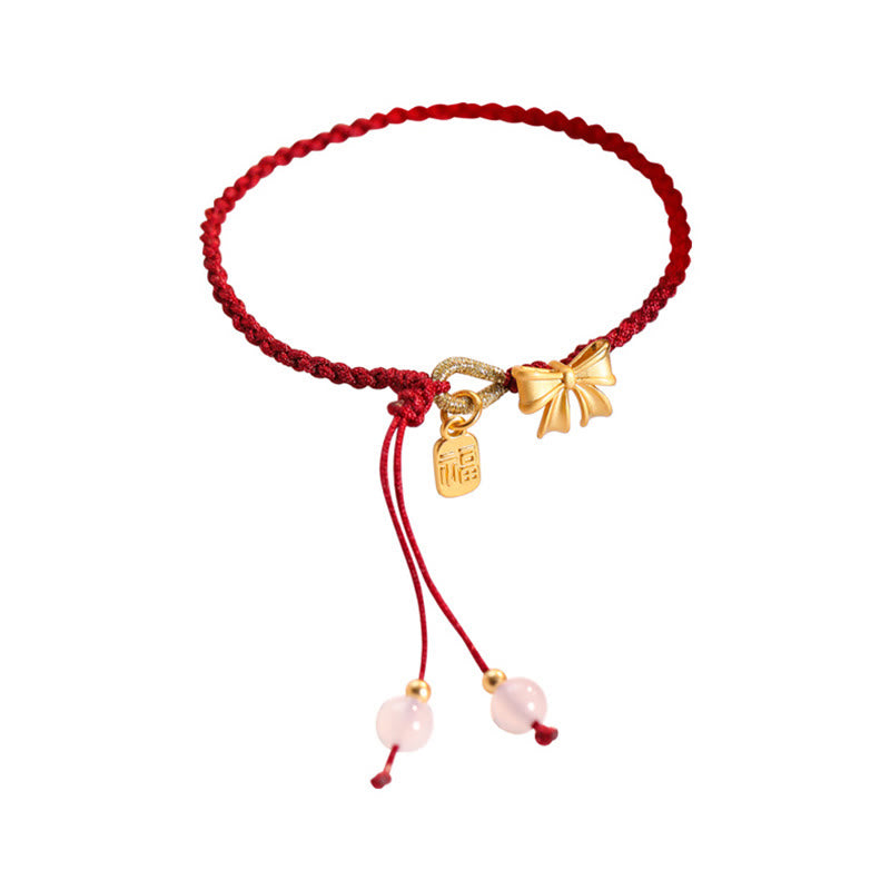 Handmade Peach Blossom Rosette Bow Knot Fu Character Charm Luck Fortune Red Rope Bracelet - Image 9