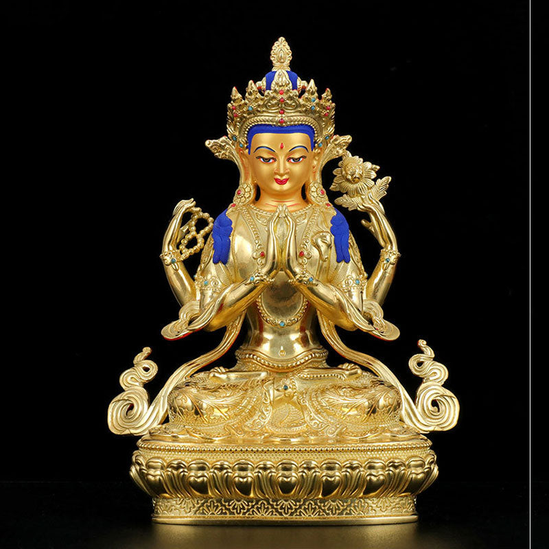 Chenrezig Four-armed Avalokitesvara Protection Copper Gold Plated Statue Decoration - Image 5