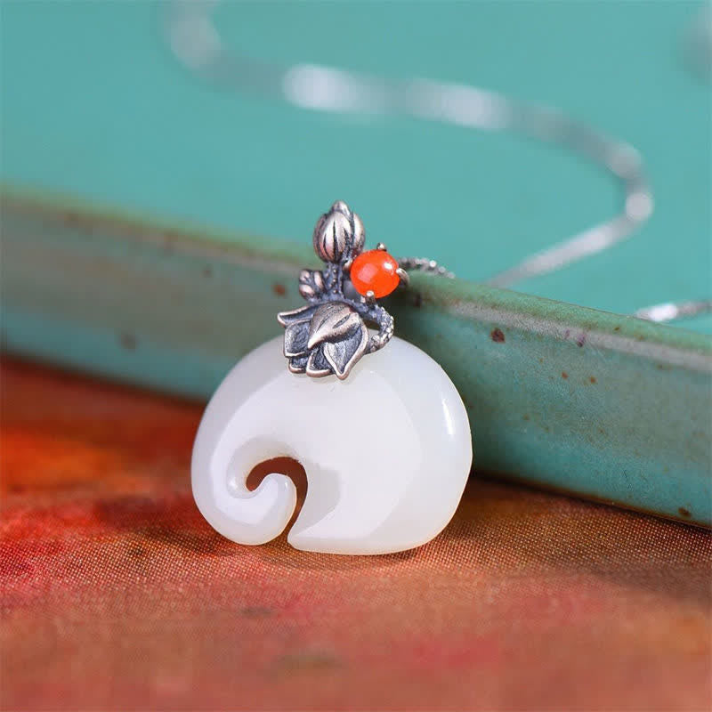 White Jade Elephant Lotus Protection Necklace Pendant - Image 4
