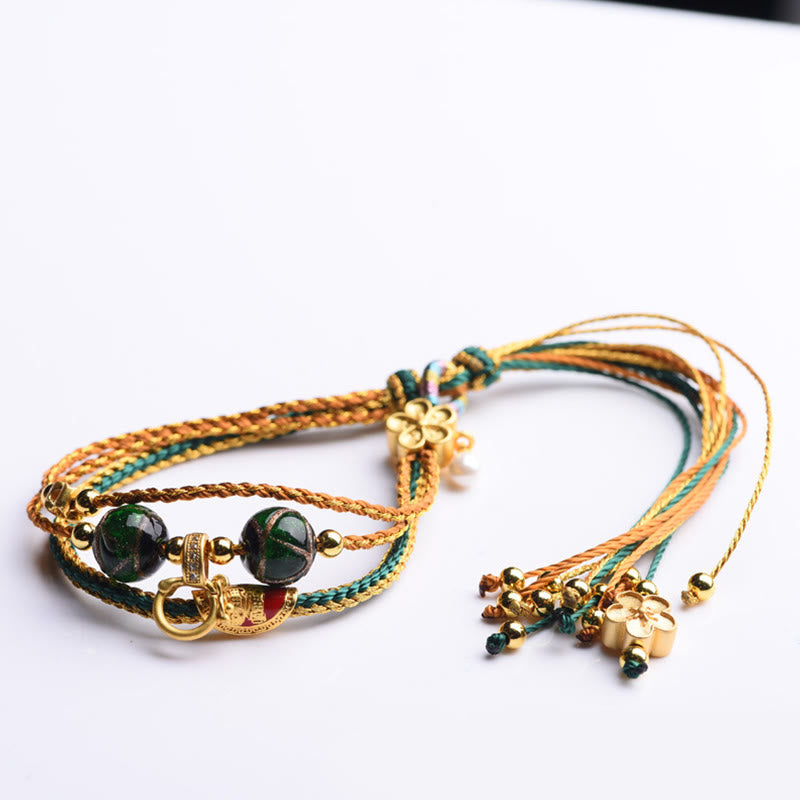 Tibetan Handmade Rope Liuli Glass Bead Braided Multilayered Healing Bracelet - Image 9