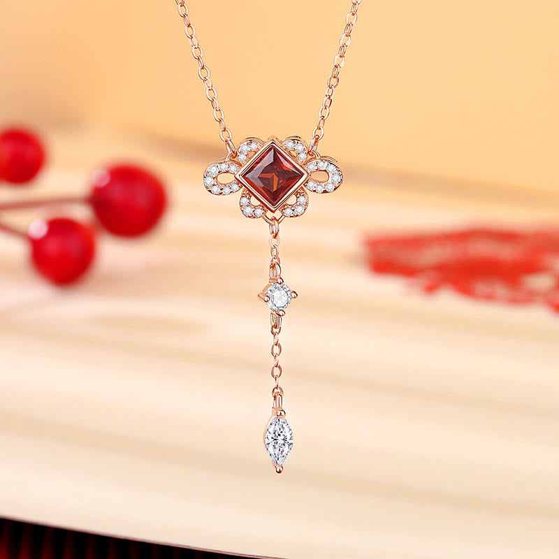925 Sterling Silver Chinese Knotting Red Zircon Wealth Necklace Pendant Bracelet Earrings Set - Image 3