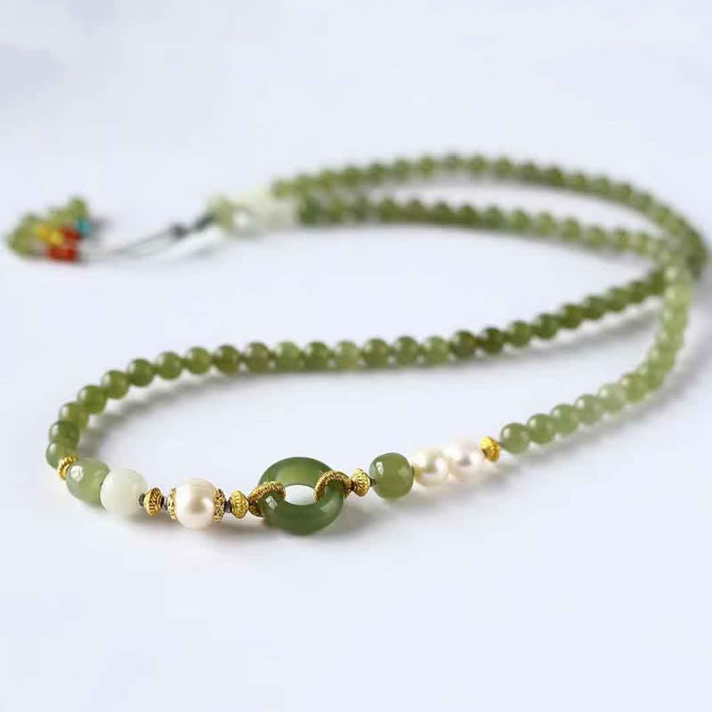 Hetian Jade Pearl Peace Buckle Luck Wealth String Bracelet - Image 4