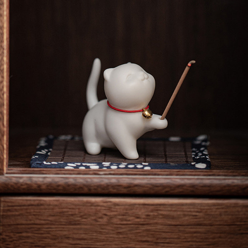 Mini Lucky Cat Kitten Tea Pet Ceramic Home Desk Figurine Decoration With Bamboo Mat - Image 6