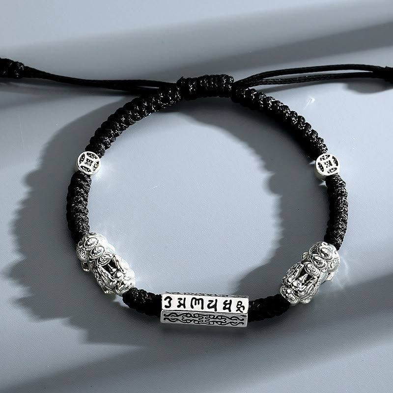 Double PiXiu Feng Shui Copper Coin Om Mani Padme Hum String Bracelet