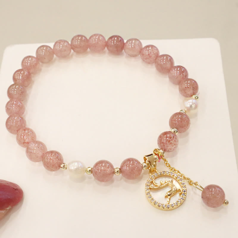 Strawberry Quartz Pearl Elk Smiley Face Fishtail Fu Character Charm Healing Bracelet - Image 3