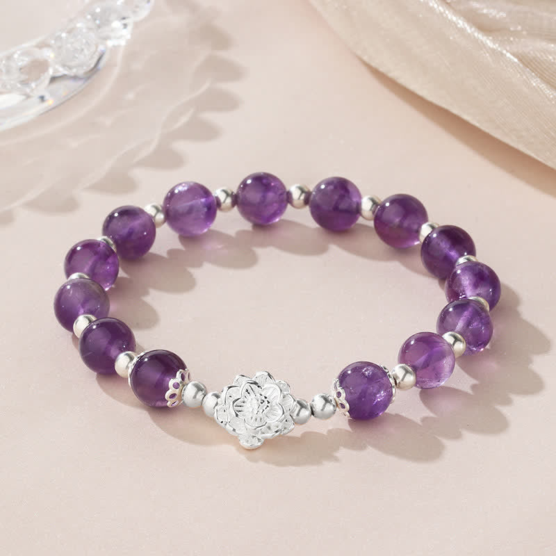 925 Sterling Silver Natural Amethyst Lotus Spiritual Bracelet