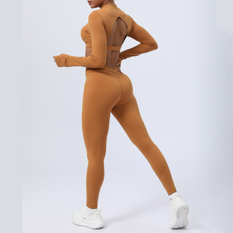 2Pcs Long Sleeve Backless Top Bra Leggings Pants Fitness Yoga Outfit Set - Image 4