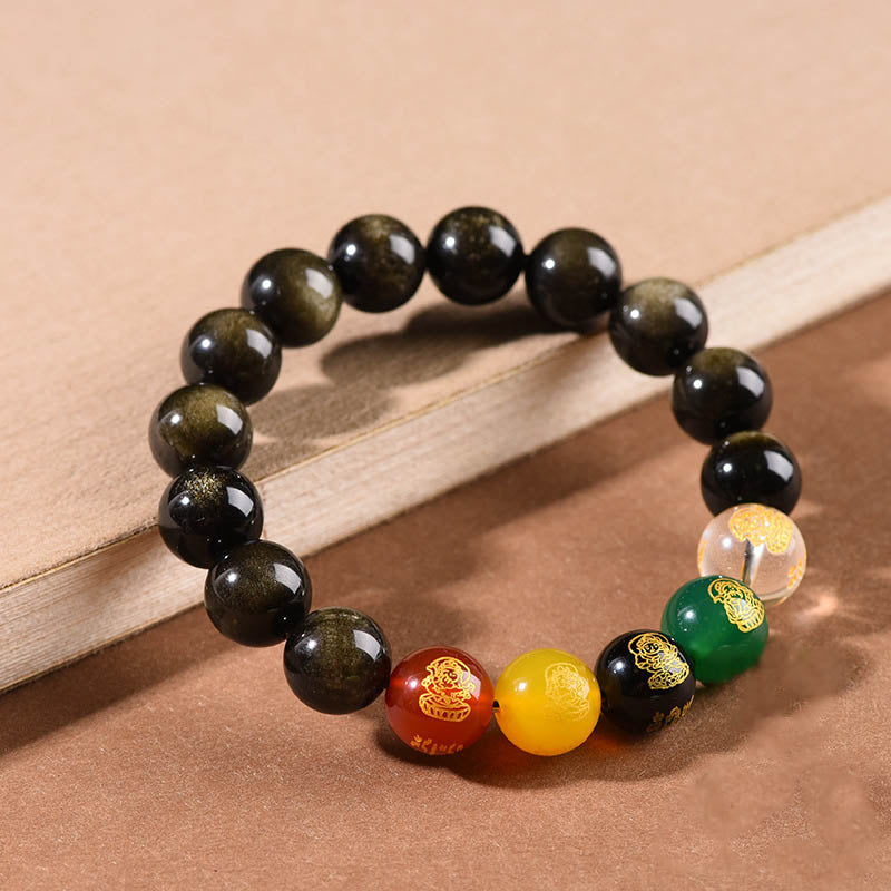 Gold Sheen Obsidian Rainbow Obsidian Black Obsidian Five Directions Gods of Wealth Bracelet - Image 5