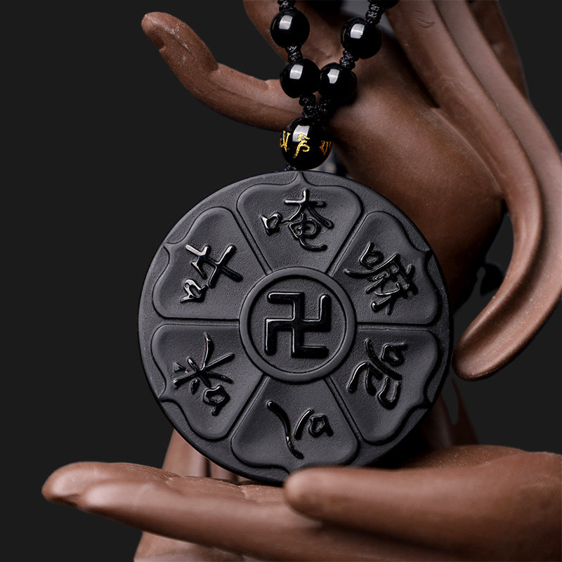 Natural Black Obsidian Tibetan Om Mani Padme Hum Buddha Swastika Luck Necklace Pendant - Image 4