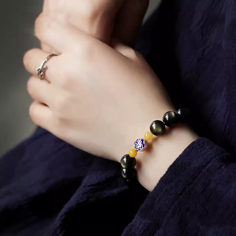 925 Sterling Silver Chinese Zodiac Natal Buddha Natural Gold Sheen Obsidian Amber Wealth Protection Bracelet - Image 11