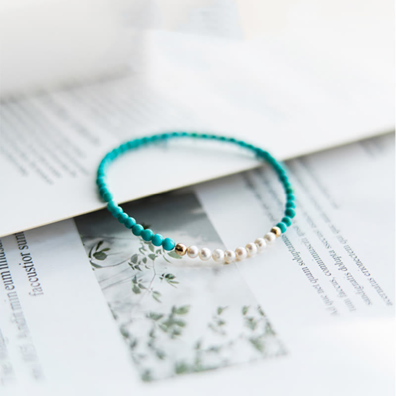 925 Sterling Silver Natural Turquoise Pearl Beaded Bracelet - Image 9