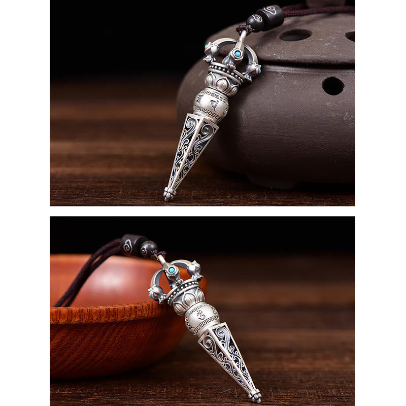 Tibetan Om Mani Padme Hum Dorje Vajra Design Wisdom Rotatable Necklace Pendant - Image 6