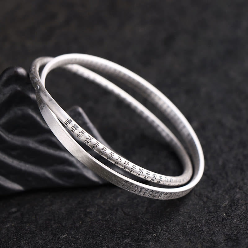 999 Sterling Silver Heart Sutra Carved Protection Bracelet Bangle