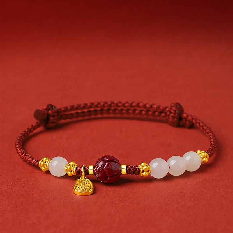24K Gold Plated Hetian White Jade Cinnabar Lotus Luck Rope Bracelet