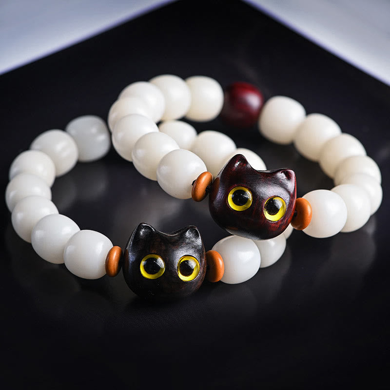 Natural Bodhi Seed Small Leaf Red Sandalwood Ebony Wood Cute Lucky Cat Wisdom Bracelet