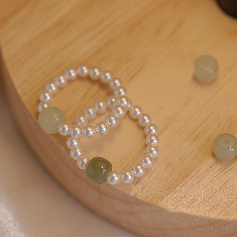 Round Jade Pearl Beads Luck Ring