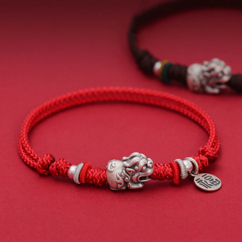 925 Sterling Silver PiXiu Fu Character Wealth Luck Handmade Braided Bracelet