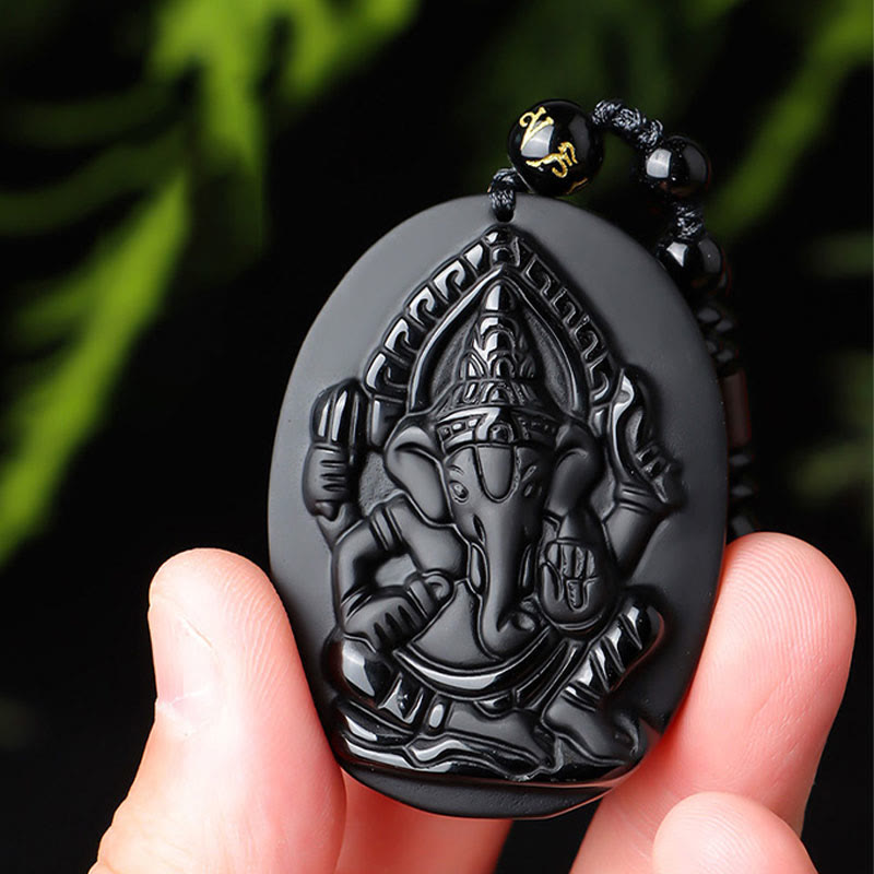 Tibetan Obsidian Ganesh Ganpati Elephant Wealth Amulet Necklace - Image 9