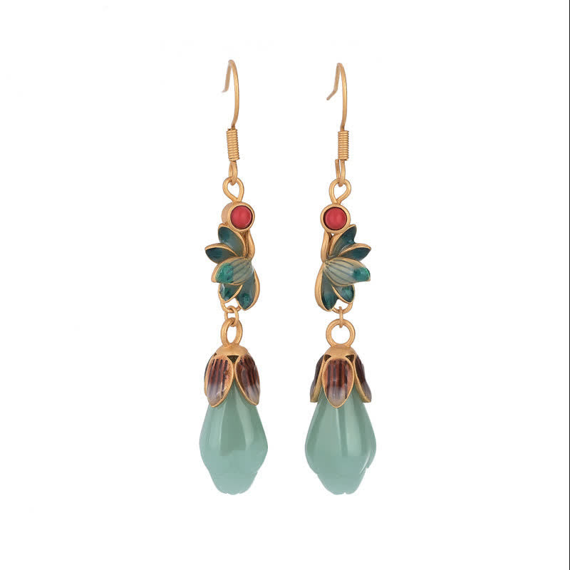 Magnolia Flower Jade Pattern Luck Prosperity Drop Dangle Earrings - Image 6