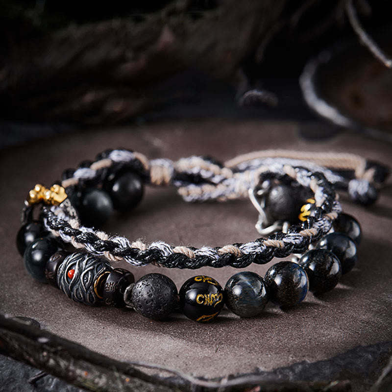 925 Sterling Silver Lava Rock Eagle's Eye Stone Lucky Beads Handmade Healing Bracelet