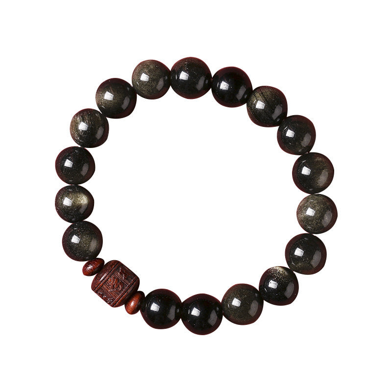 Natural Gold Sheen Obsidian Rainbow Obsidian Om Mani Padme Hum Fu Character Healing Bracelet - Image 13