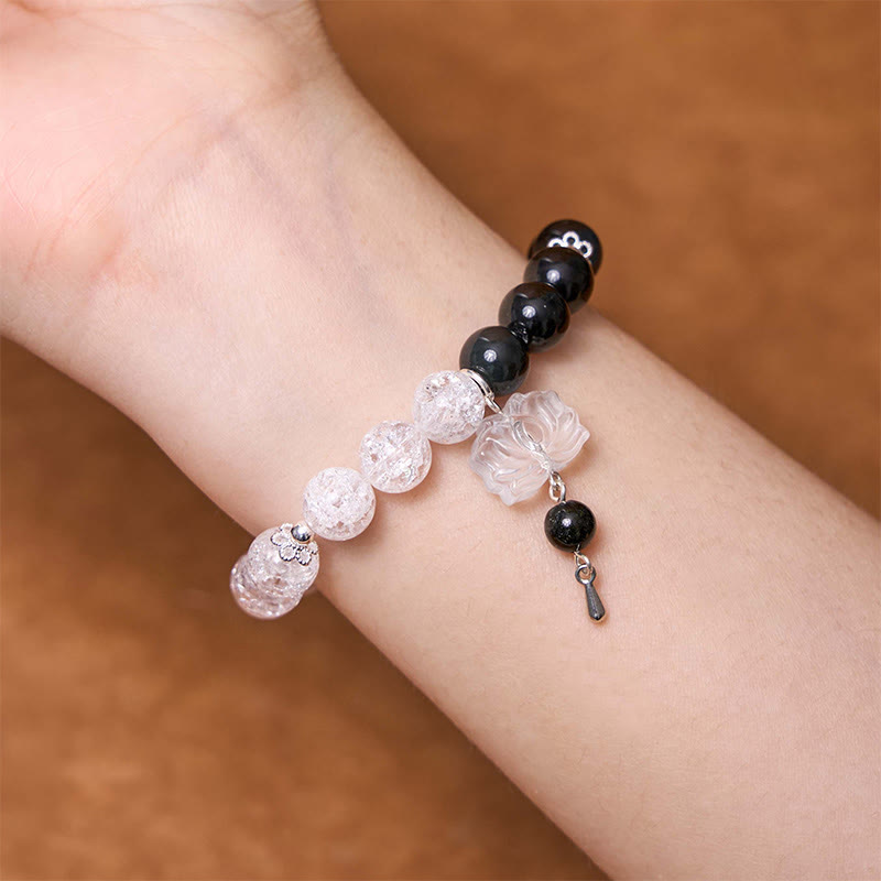 Silver Sheen Obsidian Crackle Clear Quartz Black Rutilated Quartz Yin Yang Lotus Protection Bracelet - Image 7