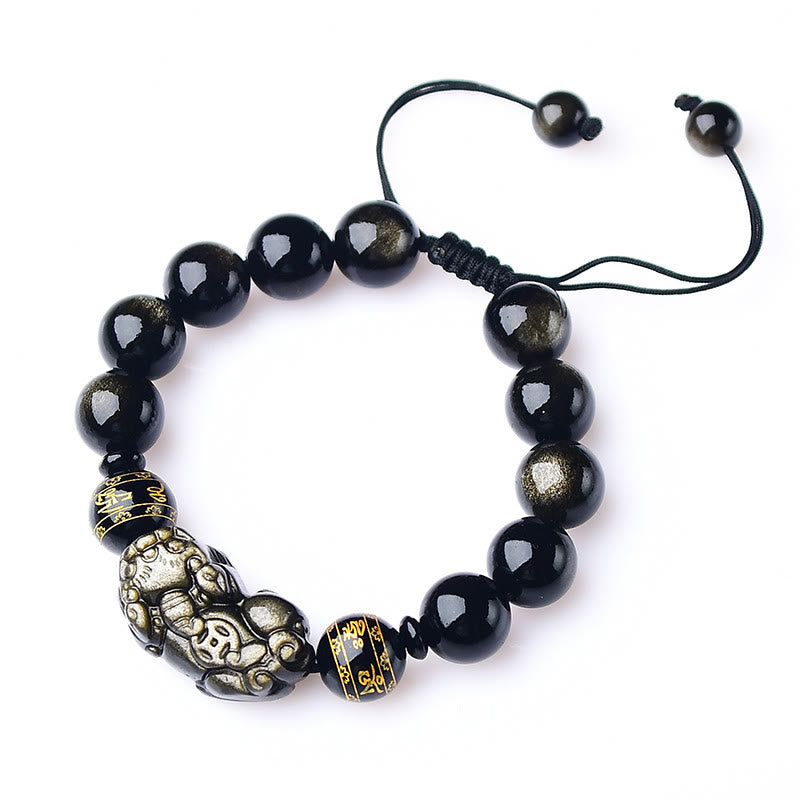 Natural Gold Sheen Obsidian PiXiu Om Mani Padme Hum Wealth Braided Bracelet - Image 10