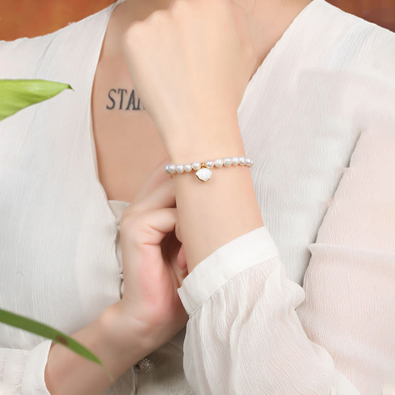14K Gold Plated Natural Pearl Crystal Shell Charm Bead Bracelet - Image 10