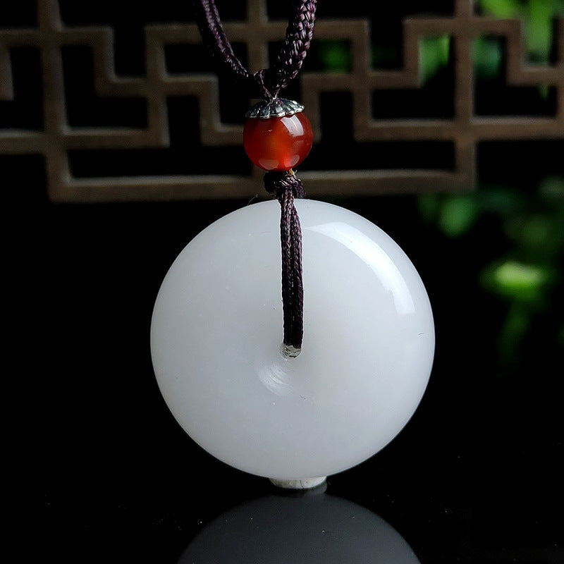Round Hetian White Jade Peace Buckle Blessing Necklace Pendant - Image 7