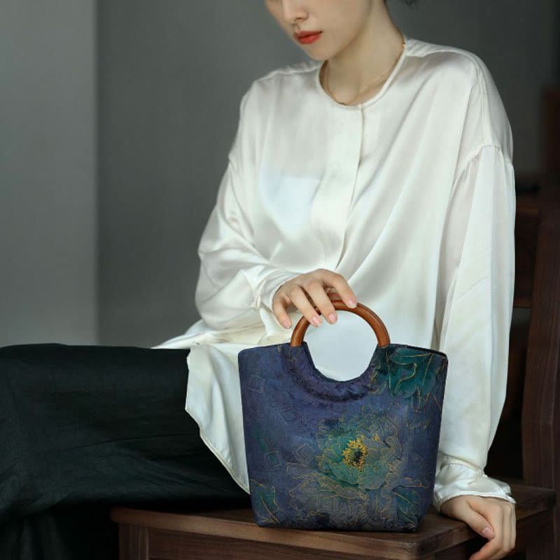 Peony Flower Bamboo Leaves Bird Solid Wood Handle Handbag - Image 11