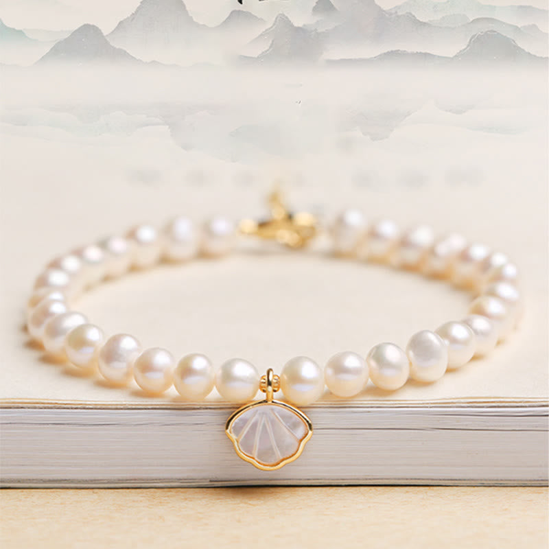 14K Gold Plated Natural Pearl Crystal Shell Charm Bead Bracelet