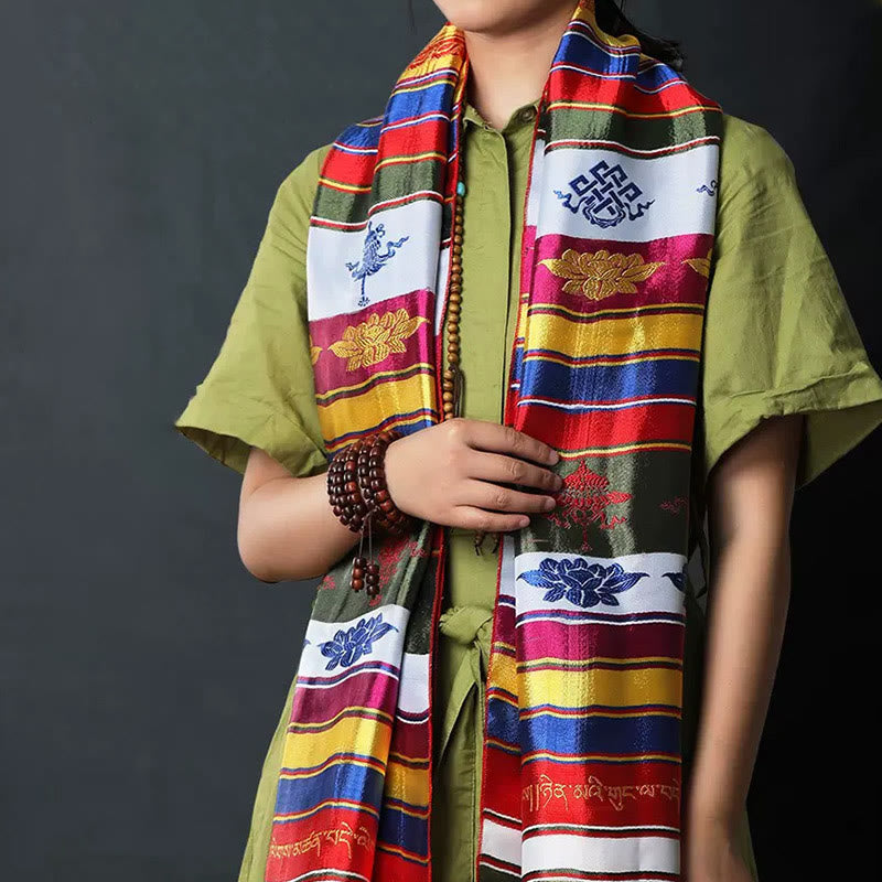 Tibetan Lucky Blessing Multicolored Lotus Mantra Jacquard Khata Decoration