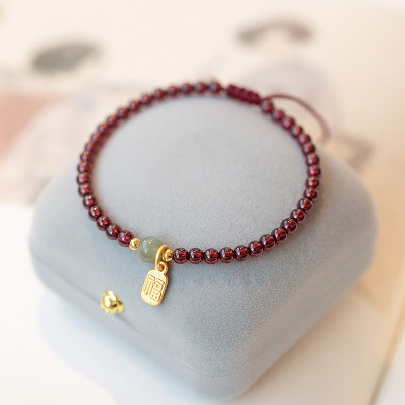 Natural Strawberry Quartz Garnet Jade Lucky Fortune Fu Character Healing Charm Bracelet - Image 13