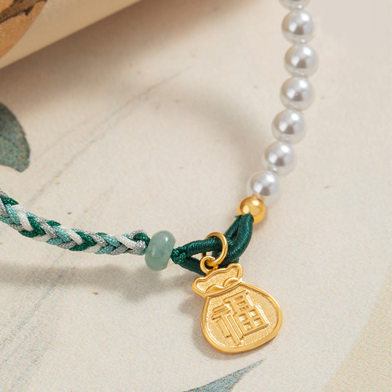 925 Sterling Silver Fu Character Lucky Bag Pearl Hetian Jade Wisdom Rope Bracelet - Image 4