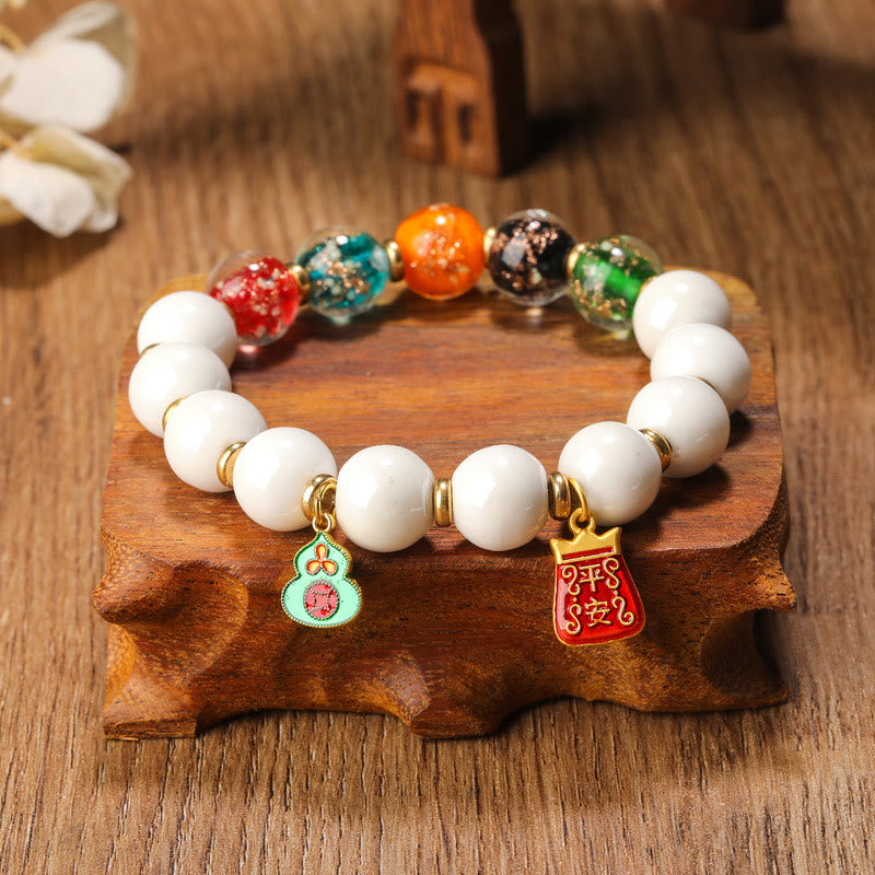 Tibetan Incense Ash Porcelain Luminous Fluorescent Liuli Glass Bead Gourd Copper Coin Charm Peace Bracelet - Image 3