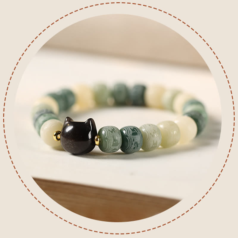 Bodhi Seed Silver Sheen Obsidian Cat Head Om Mani Padme Hum Engraved Harmony Bracelet - Image 13