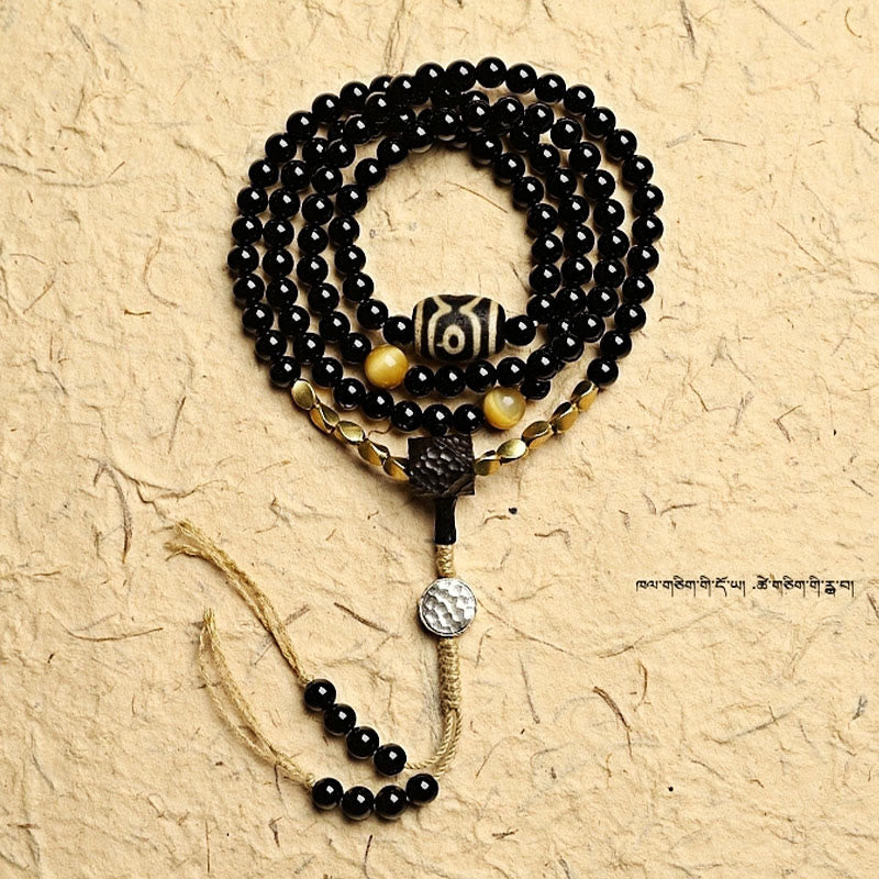 Tibetan 108 Mala Beads Black Onyx Three-eyed Dzi Beads Protection Bracelet - Image 19