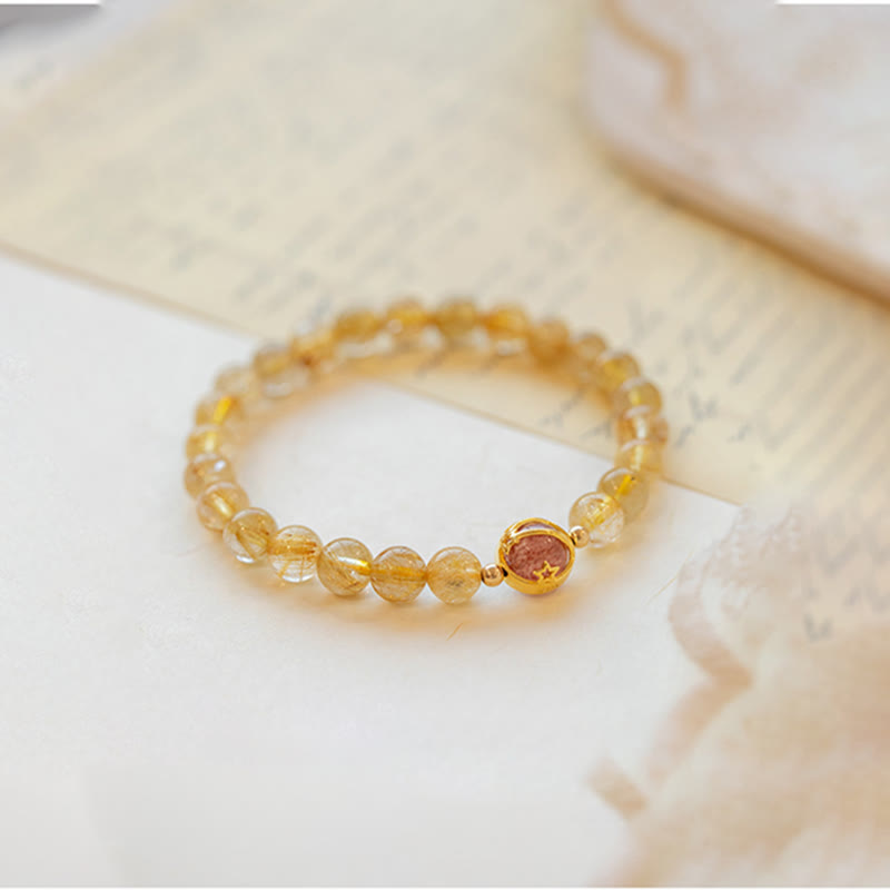 Golden Rutilated Quartz Strawberry Quartz Star Protection Bracelet - Image 7