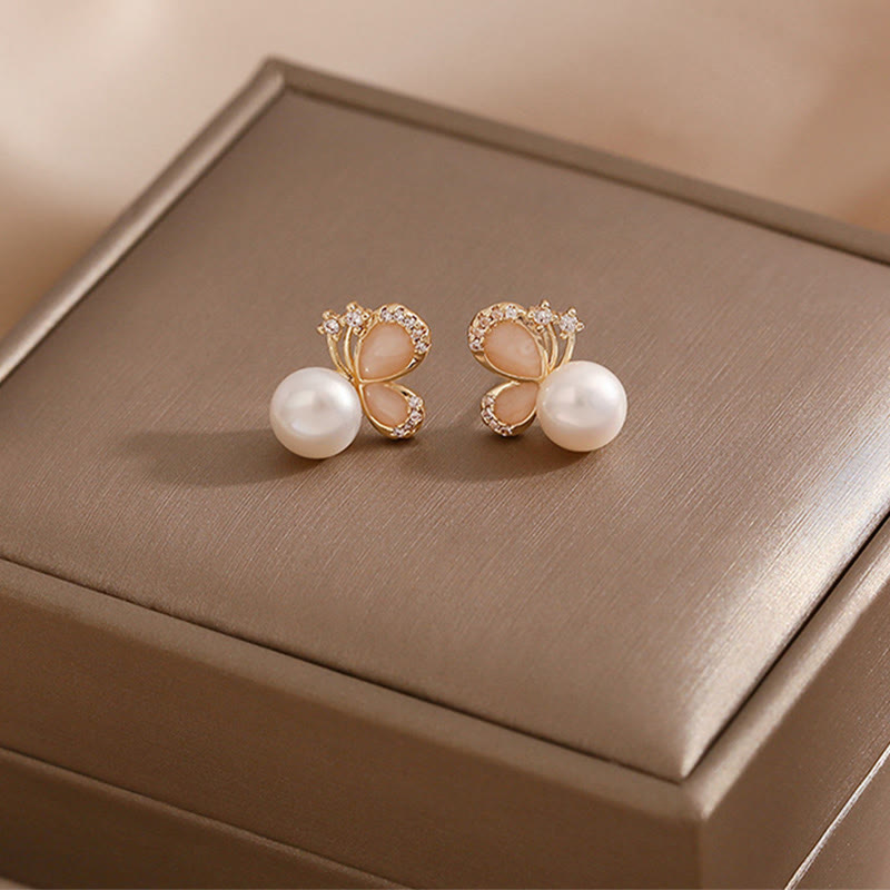 18k Gold Plated Pearl Butterfly Love Freedom Stud Earrings - Image 5