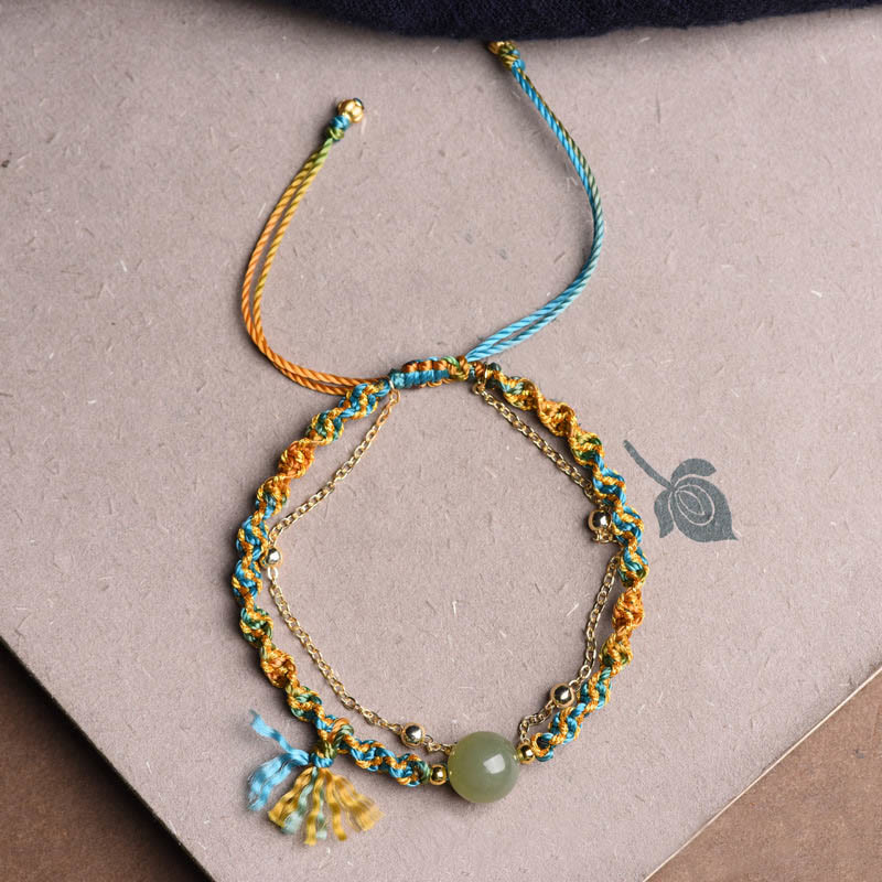 Handmade Colorful Rope Luck Jade Bead Abundance Double Layer Bracelet - Image 8