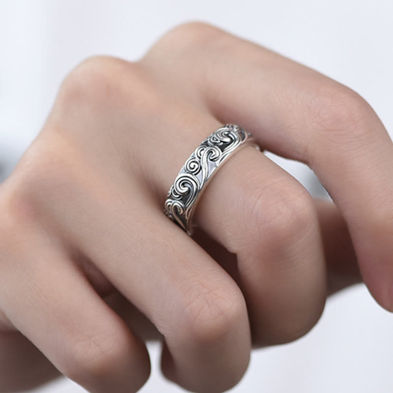 999 Sterling Silver Auspicious Clouds Engraved Blessing Adjustable Ring - Image 9