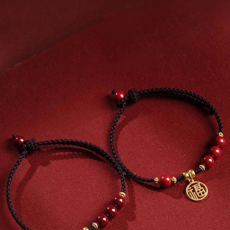 Cinnabar Bead Fu Character Charm Blessing Braided String Bracelet - Image 6