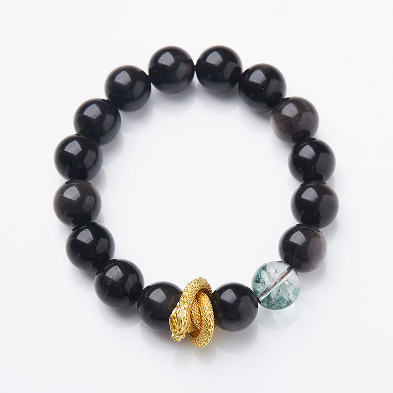 Natural Silver Sheen Obsidian Dragon Green Phantom Protection Bracelet