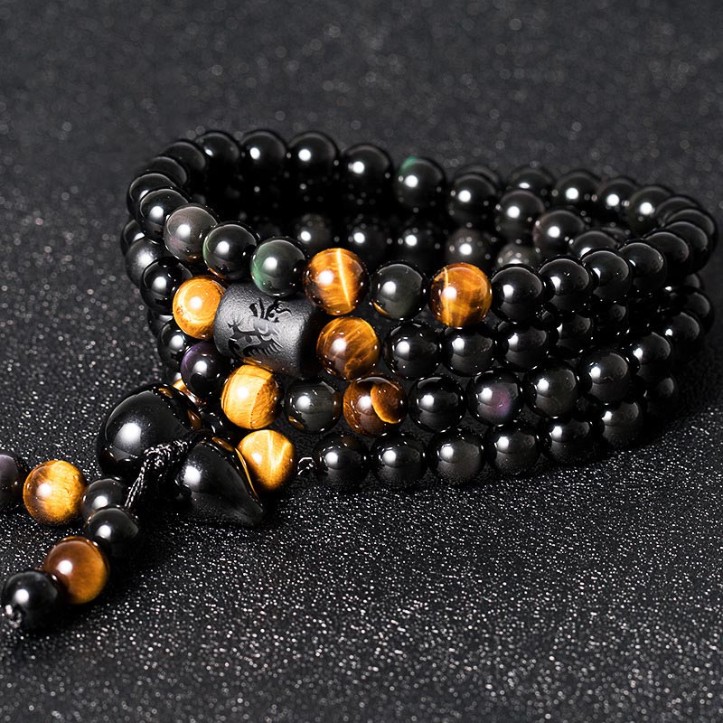 Natural Black Obsidian Rainbow Obsidian Gourd Blessing Bracelet Mala - Image 4